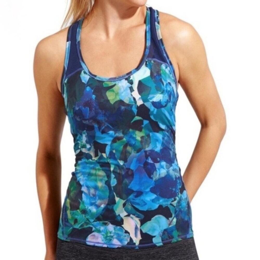 Athleta Mystique Tank Top Womens XS Navy Green Blue Racerback Crew Neck Logo